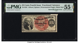 image for: Fr. 1301 25¢ Fourth Issue Butterfly Fold Error PMG About Uncirculated 55 EPQ....