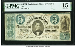 image for: T33 $5 1861 PF-8 Cr. 255Ba PMG Choice Fine 15 HC....
