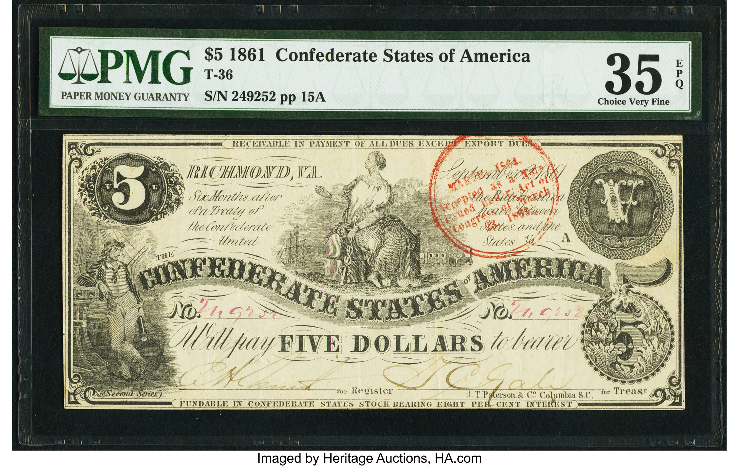 image for: Red Trans-Mississippi Stamp T36 $5 1861 PF-4 Cr. 278 PMG Choice Very Fine 35 EPQ....