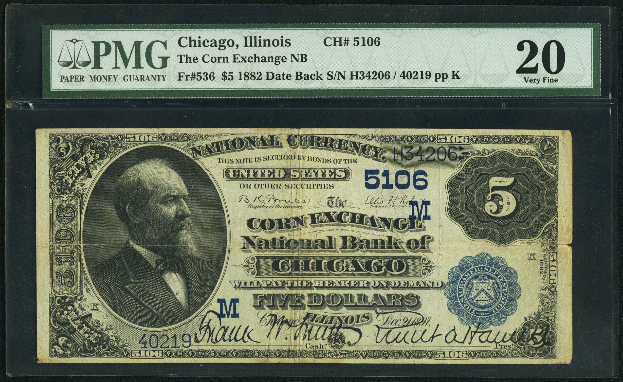 image for: Chicago, IL - $5 1882 Date Back Fr. 536 The Corn Exchange National Bank Ch. # (M)5106 PMG Very Fine 20....