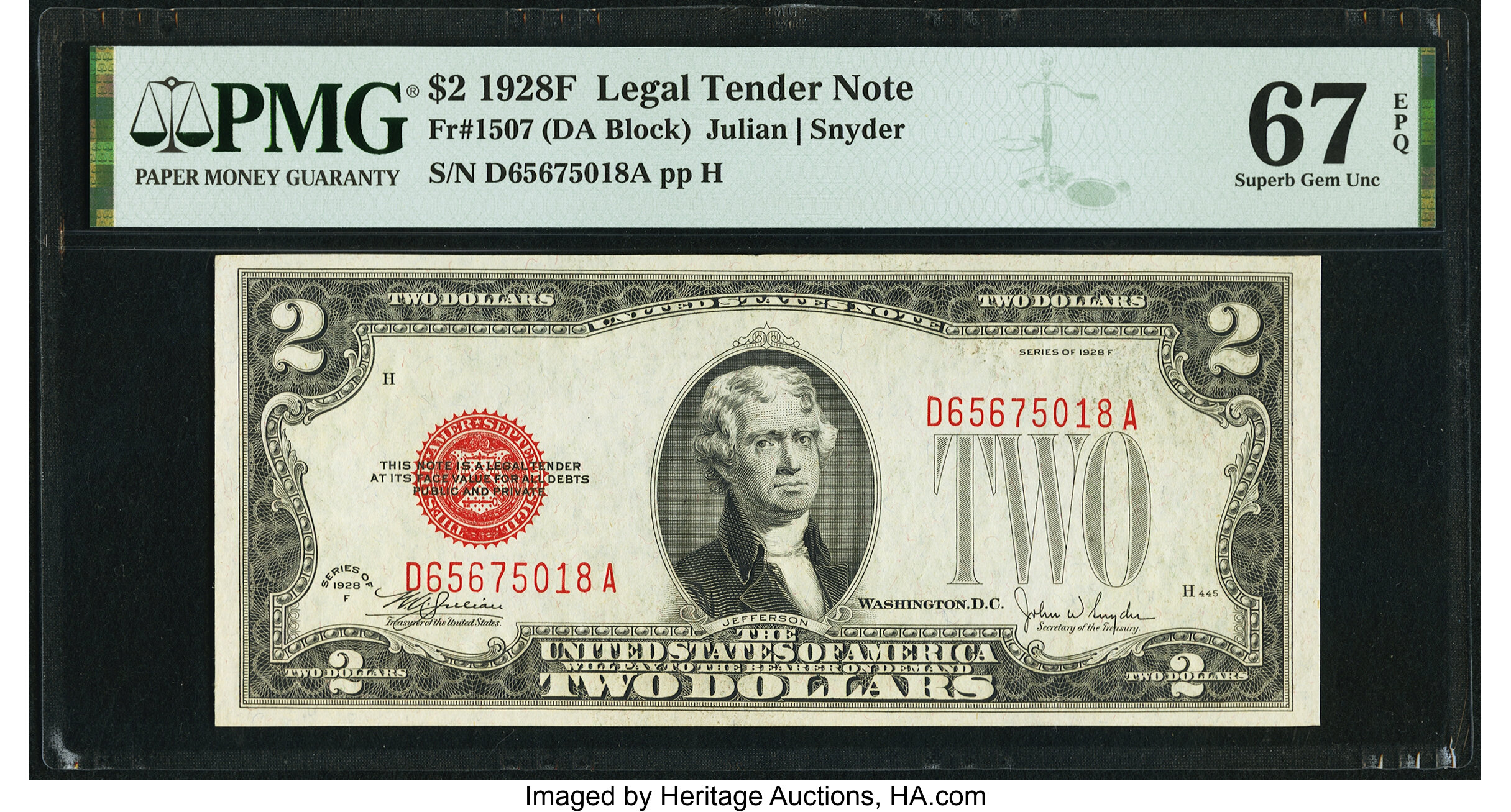 image for: Fr. 1507 $2 1928F Legal Tender Note. PMG Superb Gem Unc 67 EPQ....
