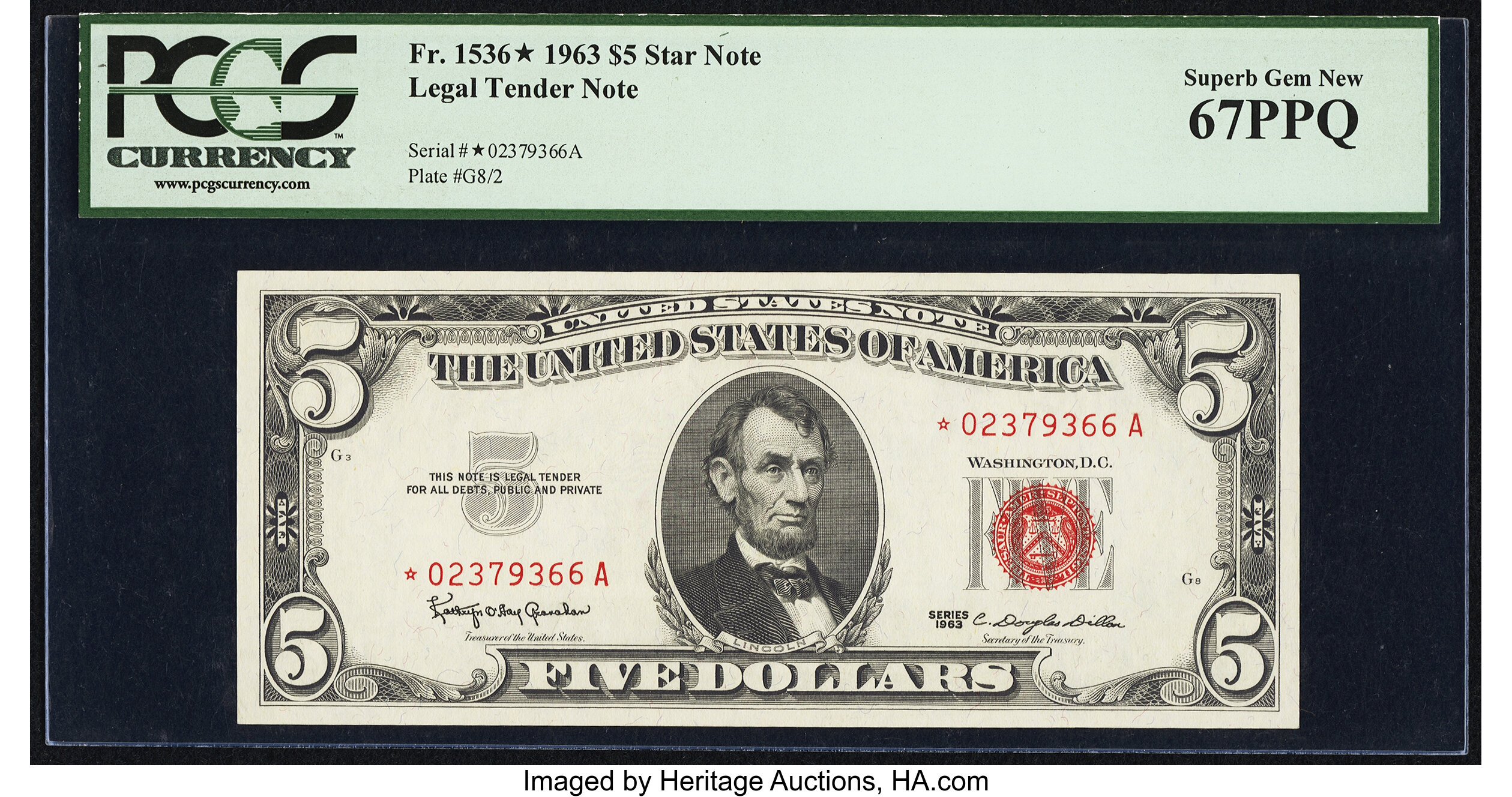 image for: Fr. 1536* $5 1963 Legal Tender Star Note. PCGS Superb Gem New 67PPQ....