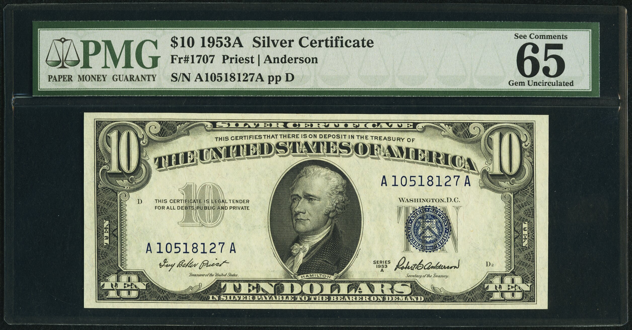 image for: Fr. 1707 $10 1953A Silver Certificate. PMG Gem Uncirculated 65 EPQ....