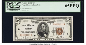 image for: Low Serial Number B00001111A Fr. 1850-B $5 1929 Federal Reserve Bank Note. PCGS Gem New 65PPQ....