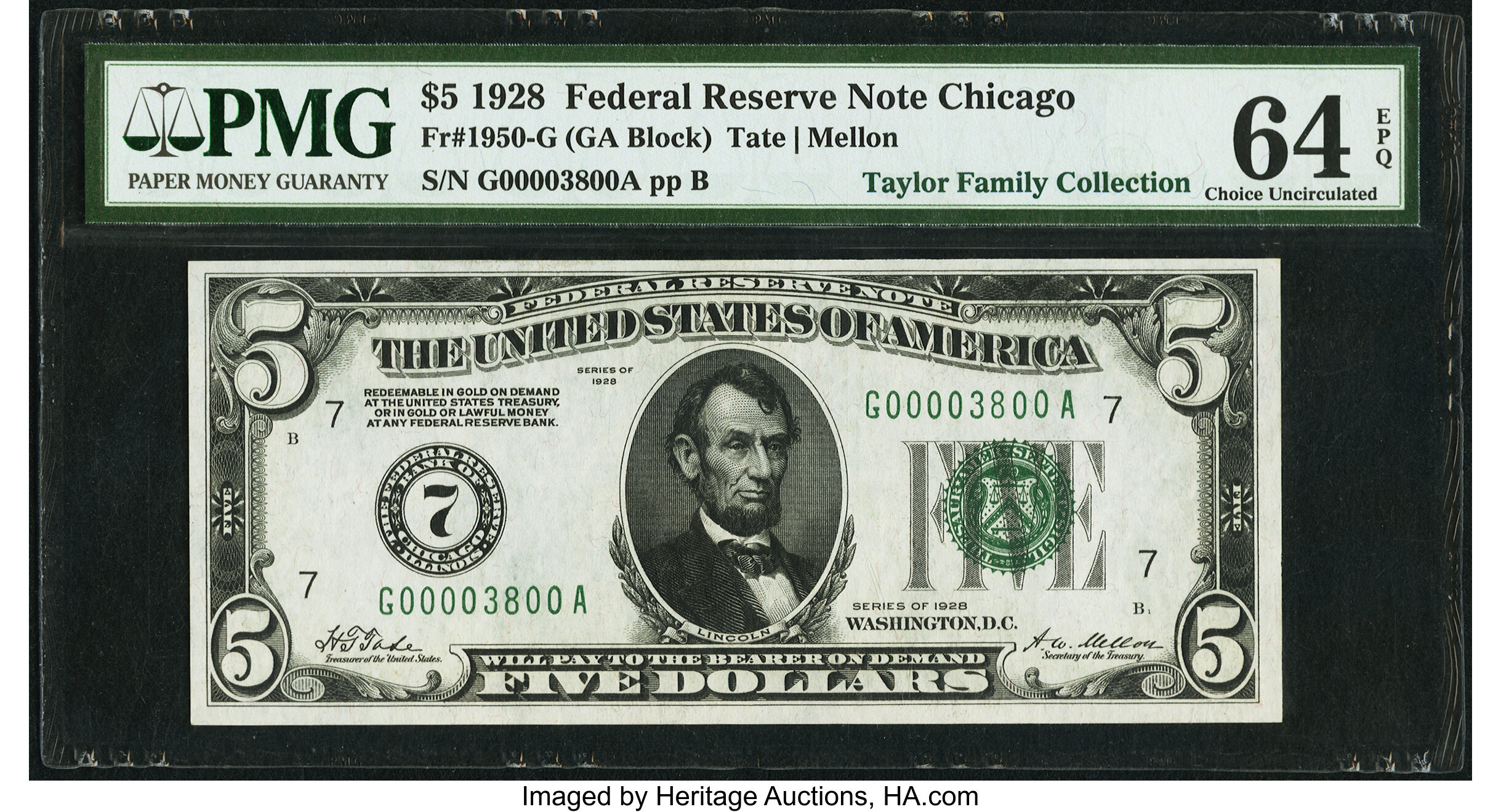 image for: Fancy Low Serial Number 3800 Fr. 1950-G $5 1928 Federal Reserve Note. PMG Choice Uncirculated 64 EPQ....