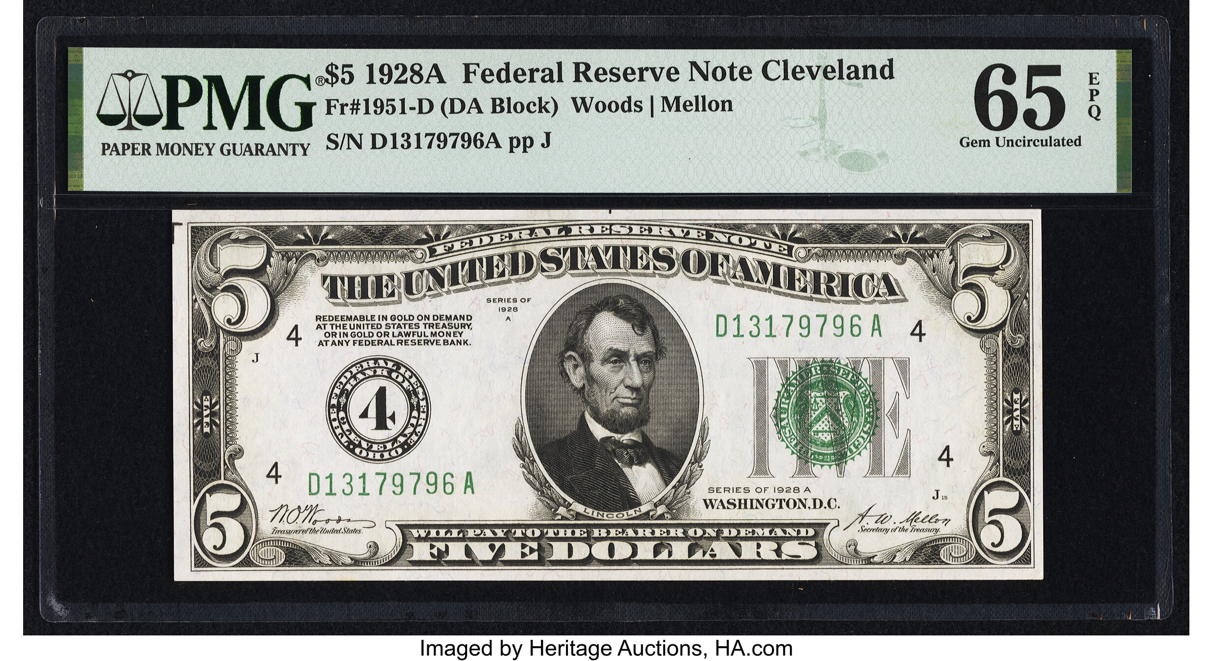 image for: Fr. 1951-D $5 1928A Federal Reserve Note. PMG Gem Uncirculated 65 EPQ....