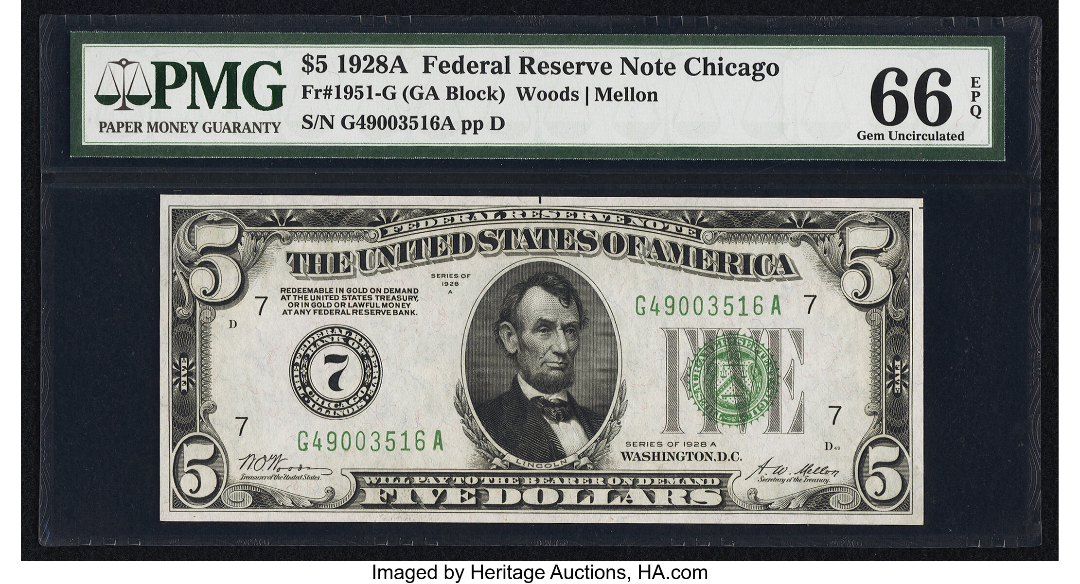 image for: Fr. 1951-G $5 1928A Federal Reserve Note. PMG Gem Uncirculated 66 EPQ....