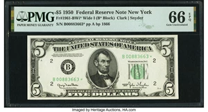image for: Fr. 1961-B* $5 1950 Wide I Federal Reserve Star Note. PMG Gem Uncirculated 66 EPQ....