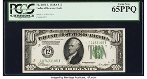 image for: Fr. 2001-L $10 1928A Federal Reserve Note. PCGS Gem New 65PPQ....