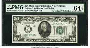 image for: Fancy Low Serial Number 3800 Fr. 2050-G $20 1928 Federal Reserve Note. PMG Choice Uncirculated 64 EPQ....