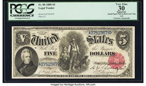 image for: D. N. Morgan Courtesy Autographed Fr. 80 $5 1880 Legal Tender PCGS Apparent Very Fine 30....