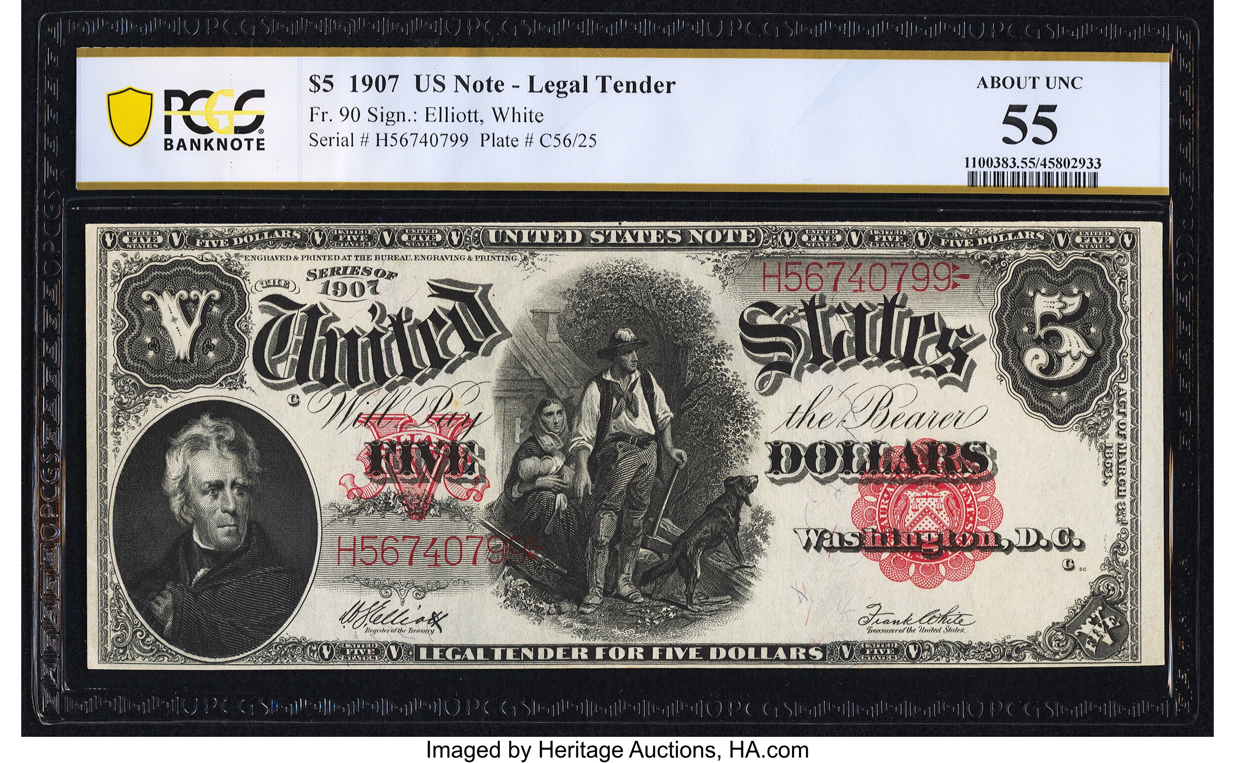 image for: Fr. 90 $5 1907 Legal Tender PCGS Banknote About Unc 55....