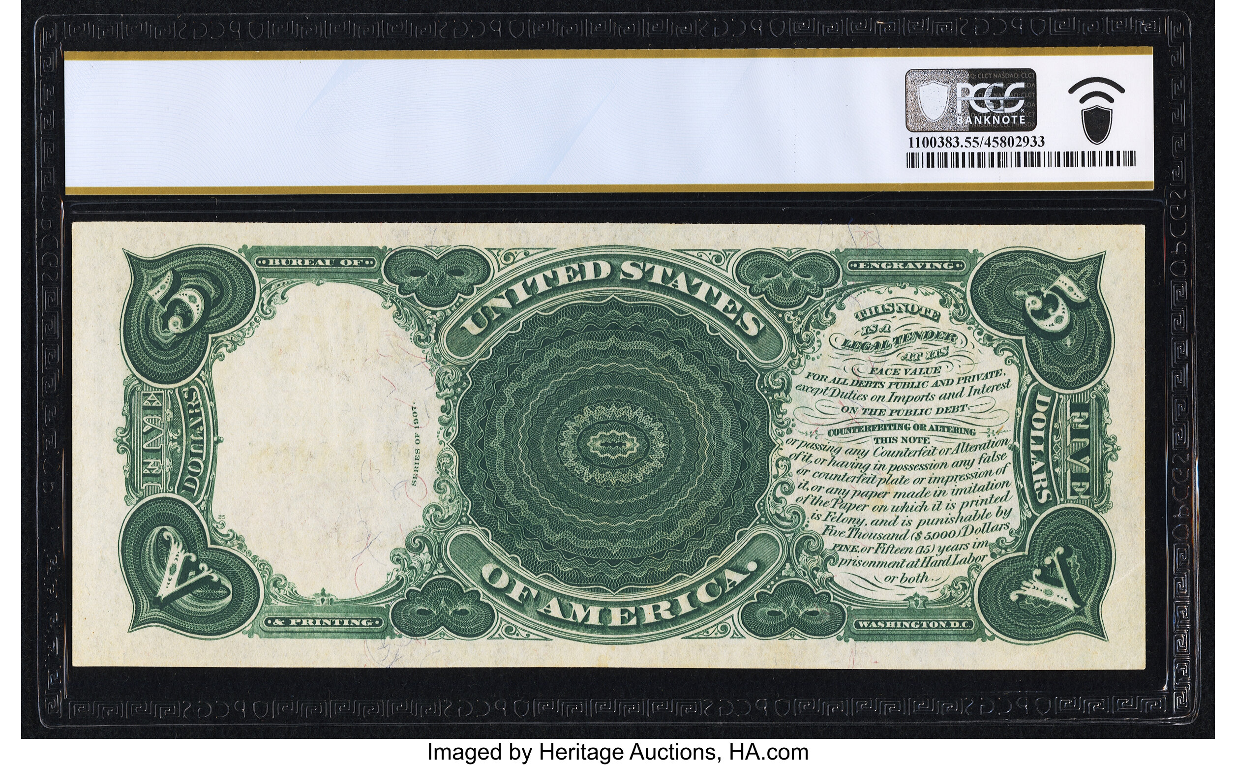 image for: Fr. 90 $5 1907 Legal Tender PCGS Banknote About Unc 55....