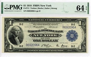 image for: FR. 711 1918 $1 Federal Reserve Banknote New York PMG Choice UNC 64 EPQ