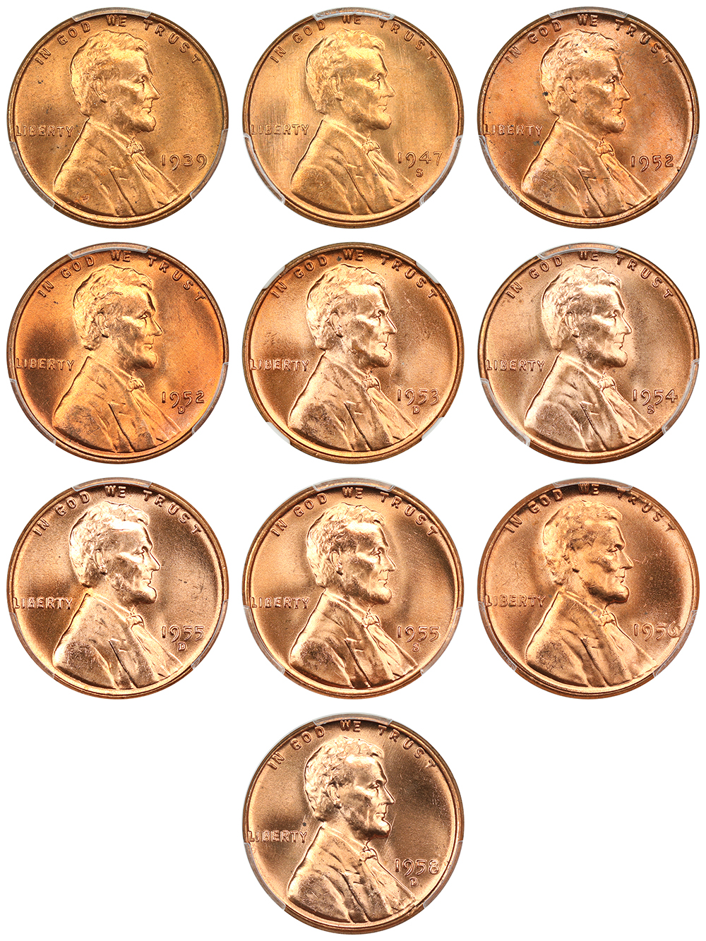 Lot of Lincoln Cents PCGS and NGC MS65-66 RD (10 Coins Total)