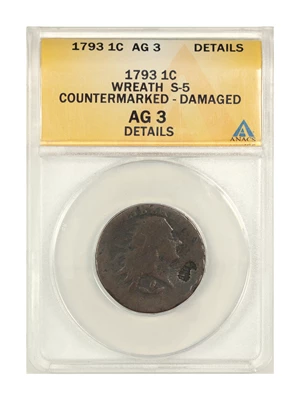 image for: 1793 Wreath 1c ANACS AG-03 Details (S-5 Countermarked)