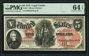 image for: Fr. 68 $5 1875 Legal Tender PMG Choice Uncirculated 64 EPQ....