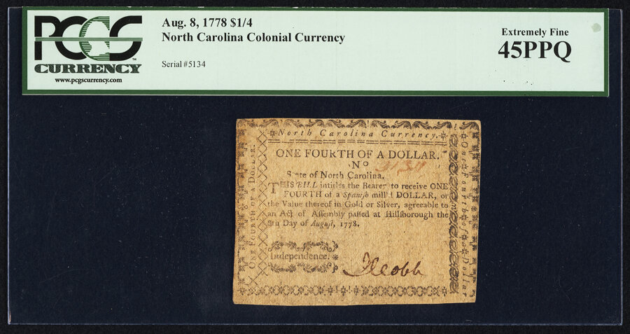 image for: North Carolina August 8, 1778 $1/4 Independence PCGS Extremely Fine 45PPQ....