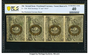 image for: Fr. 1246 10¢ Second Issue Uncut Vertical Strip of Four PCGS Banknote Extremely Fine 40....