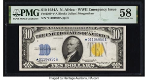 image for: Fr. 2309* $10 1934A North Africa Silver Certificate Star. PMG Choice About Unc 58....
