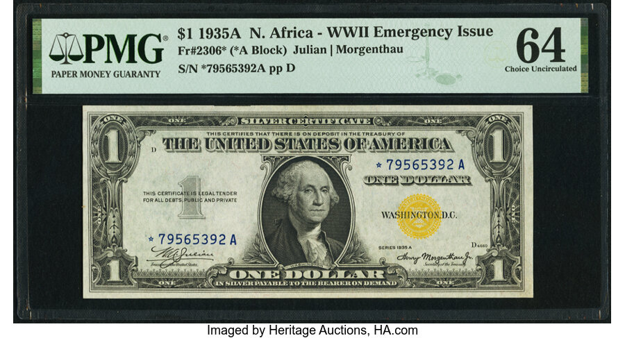 image for: Fr. 2306* $1 1935A North Africa Silver Certificate Star. PMG Choice Uncirculated 64....