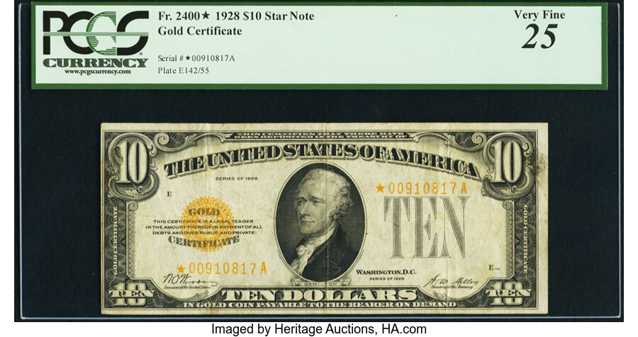 image for: Fr. 2400* $10 1928 Gold Certificate Star. PCGS Very Fine 25....