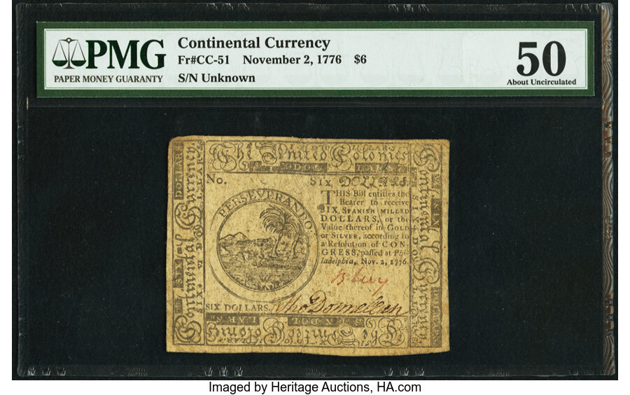 image for: Continental Currency November 2, 1776 $6 PMG About Uncirculated 50....