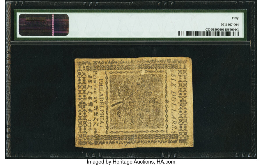 image for: Continental Currency November 2, 1776 $6 PMG About Uncirculated 50....