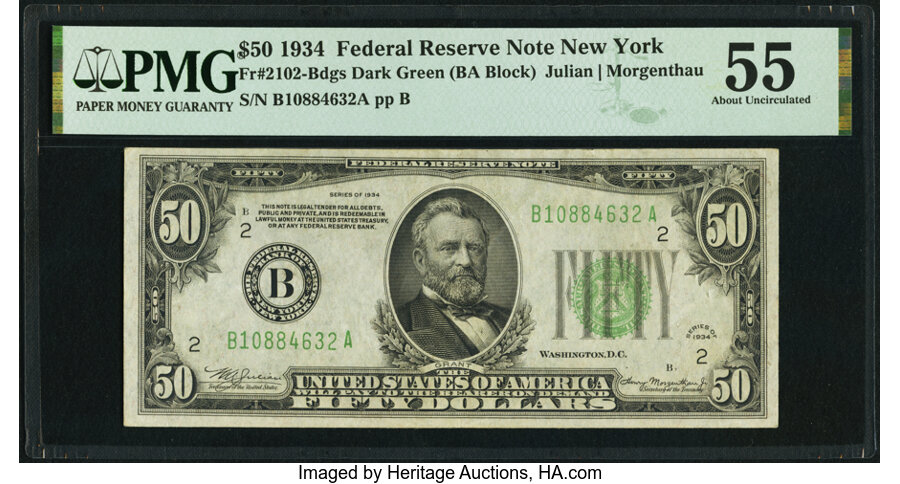 image for: Fr. 2102-B $50 1934 Federal Reserve Note. PMG About Uncirculated 55....