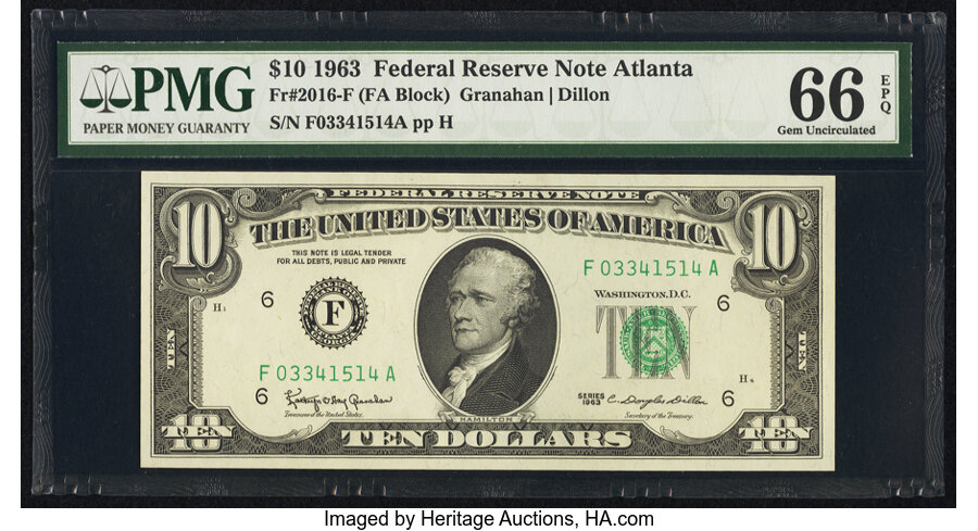 image for: Fr. 2016-F $10 1963 Federal Reserve Note. PMG Gem Uncirculated 66 EPQ....