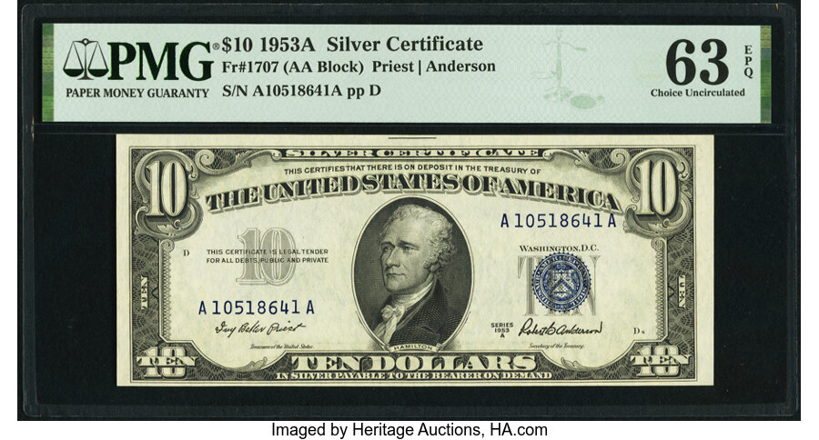 image for: Fr. 1707 $10 1953A Silver Certificate. PMG Choice Uncirculated 63 EPQ....