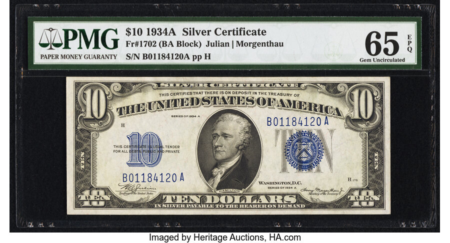 image for: Fr. 1702 $10 1934A Silver Certificate. PMG Gem Uncirculated 65 EPQ....