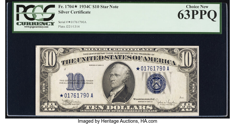 image for: Fr. 1704* $10 1934C Silver Certificate Star. PCGS Choice New 63PPQ....