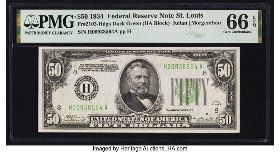 image for: Fr. 2102-H $50 1934 Federal Reserve Note. PMG Gem Uncirculated 66 EPQ....