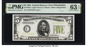 image for: Fr. 1955-C $5 1934 Federal Reserve Note. PMG Choice Uncirculated 63 EPQ....
