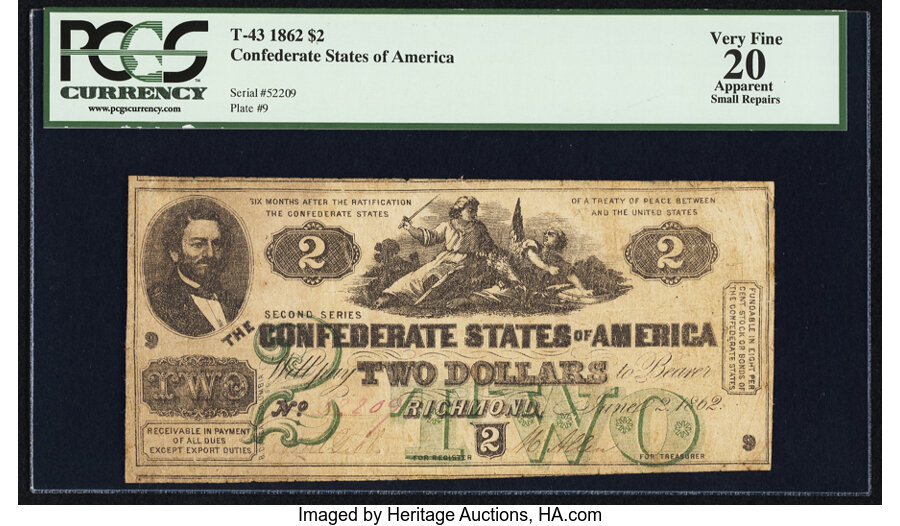 image for: T43 $2 1862 PCGS Apparent Very Fine 20....