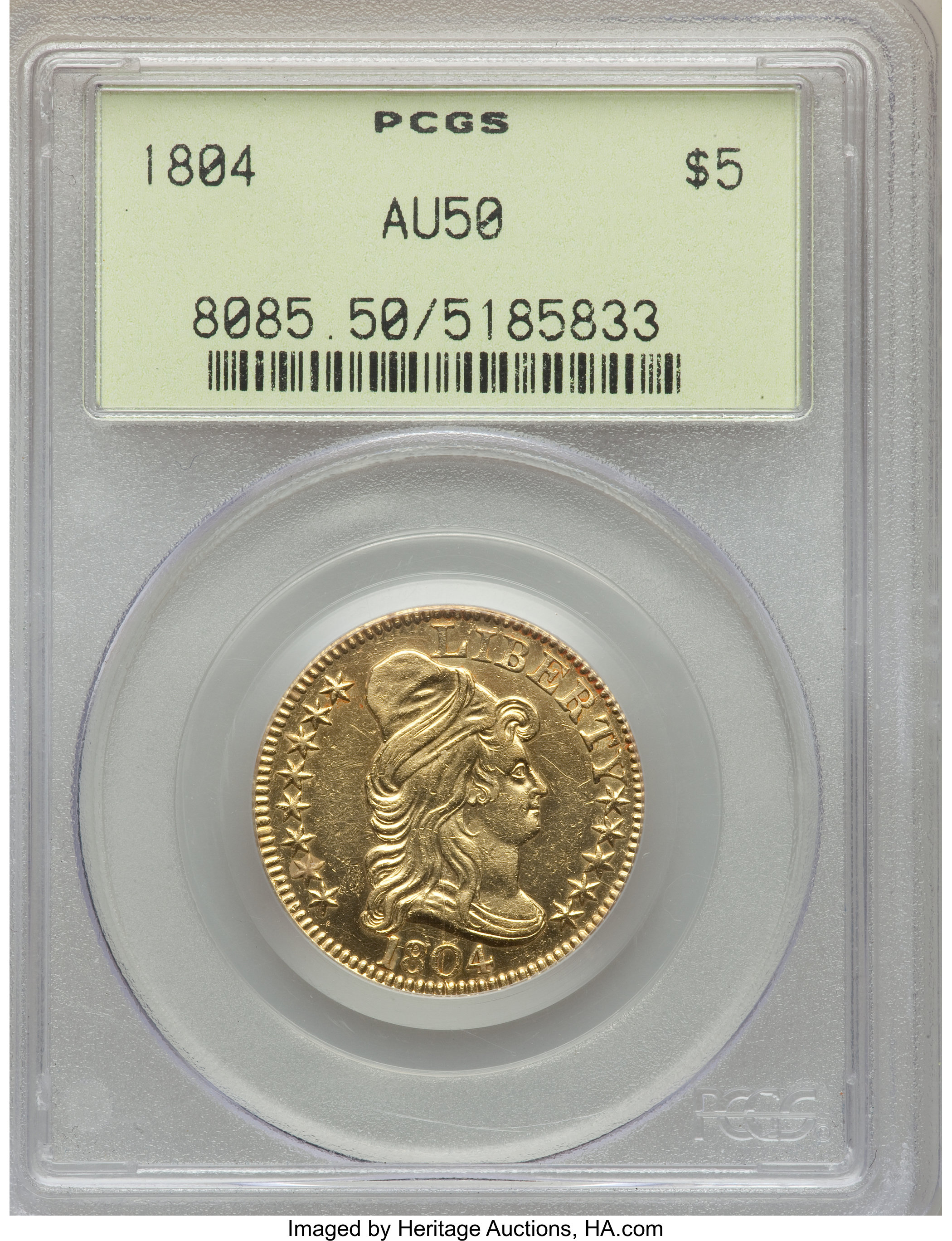 image for: 1804 $5 Small 8, BD-2, High R.4, AU50 PCGS....