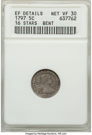 image for: 1797 H10C 16 Stars, V-4, LM-2, R.4 -- Bent -- ANACS. XF Details, Net VF30....