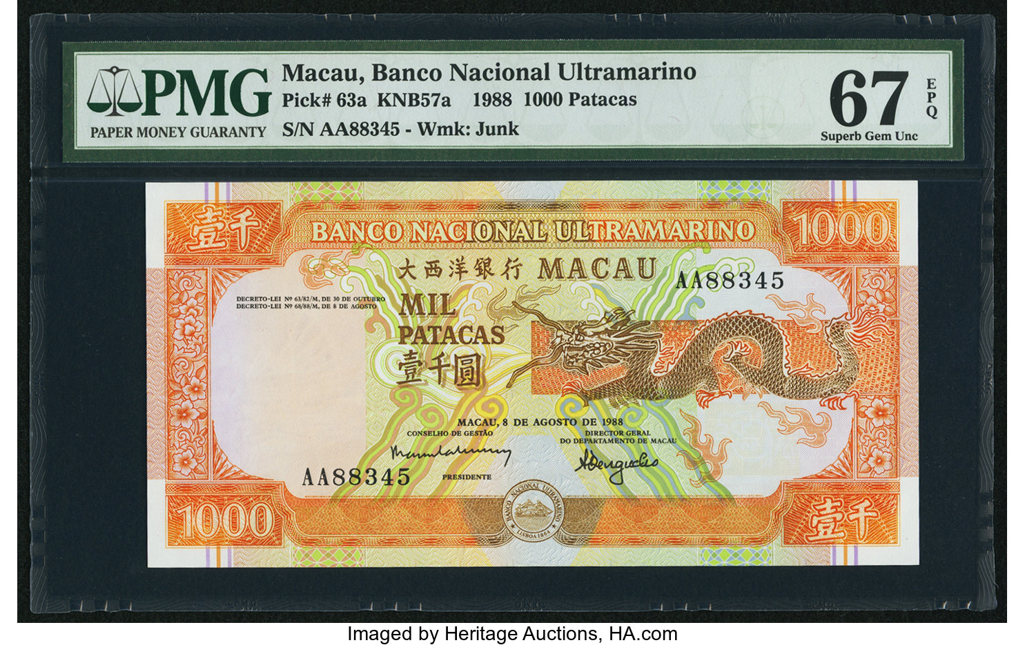Banco Nacional Ultramarino 1,000 patacas B066as1,P63s Banco Nacional Ultramarino 1,000 patacas B066as1,P63s