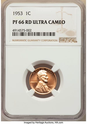 image for: 1953 1C PR66 Red Ultra Cameo NGC. NGC Census: (13/9). PCGS Population: (10/9). CDN: $750 Whsle. Bid for NGC/PCGS PR66....