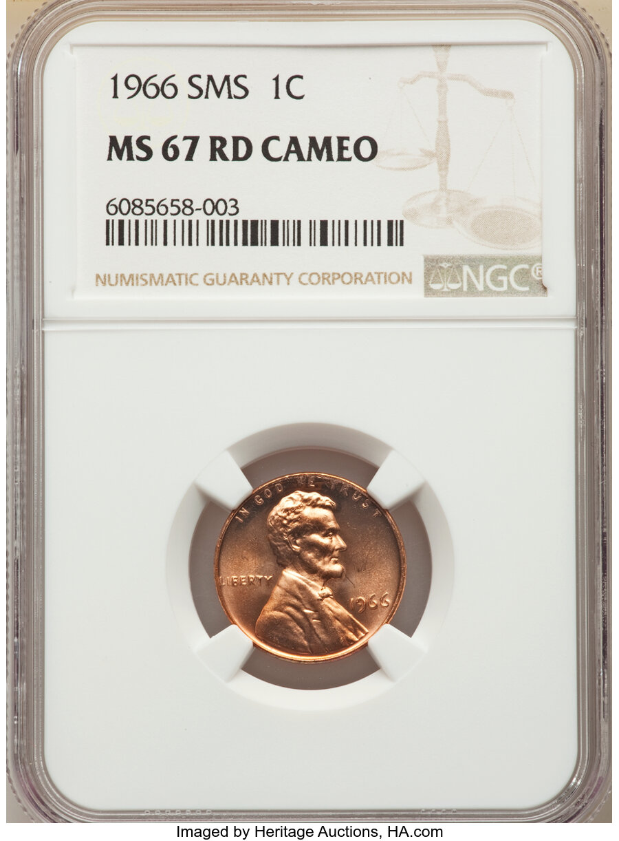 image for: 1966 1C SMS MS67 Red Cameo NGC. NGC Census: (39/3). PCGS Population: (24/0). CDN: $750 Whsle. Bid for NGC/PCGS MS67....