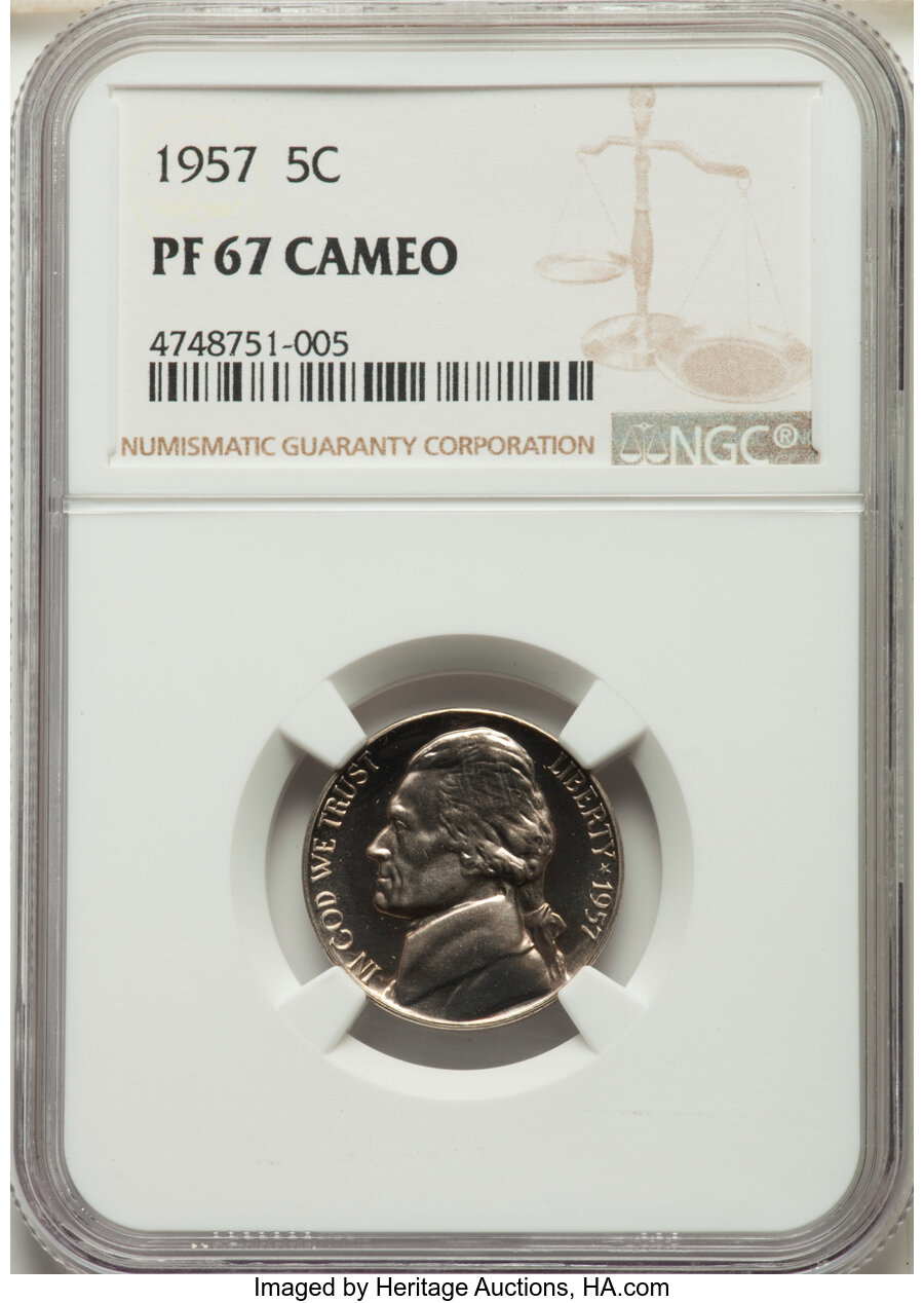 image for: 1957 5C PR67 Cameo NGC. NGC Census: (65/94). PCGS Population: (93/37). PR67. ...