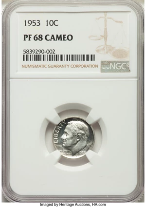 image for: 1953 10C PR68 Cameo NGC. NGC Census: (120/13). PCGS Population: (20/0). PR68. ...