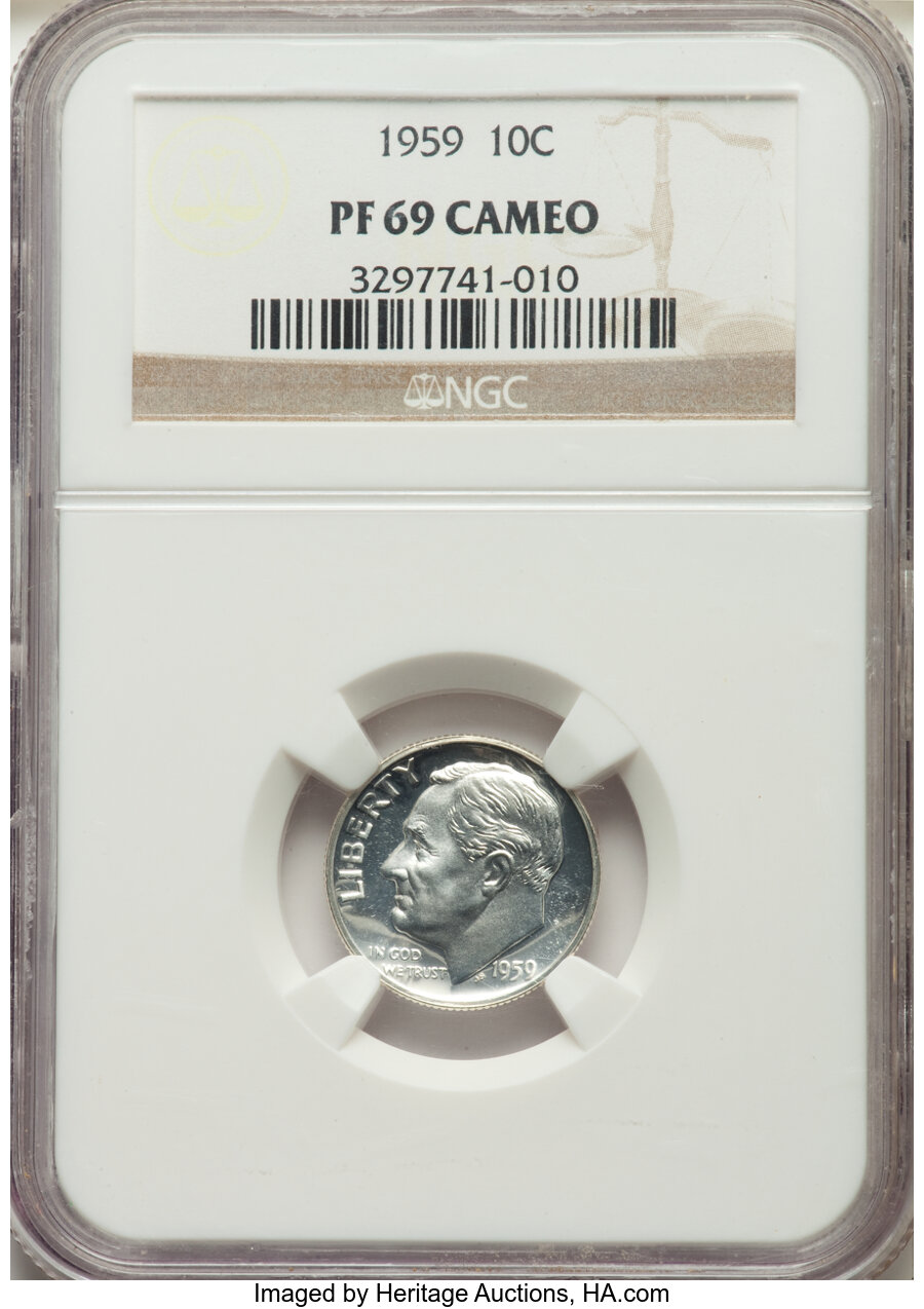 image for: 1959 10C PR69 Cameo NGC. NGC Census: (119/0). PCGS Population: (24/0). PR69. ...