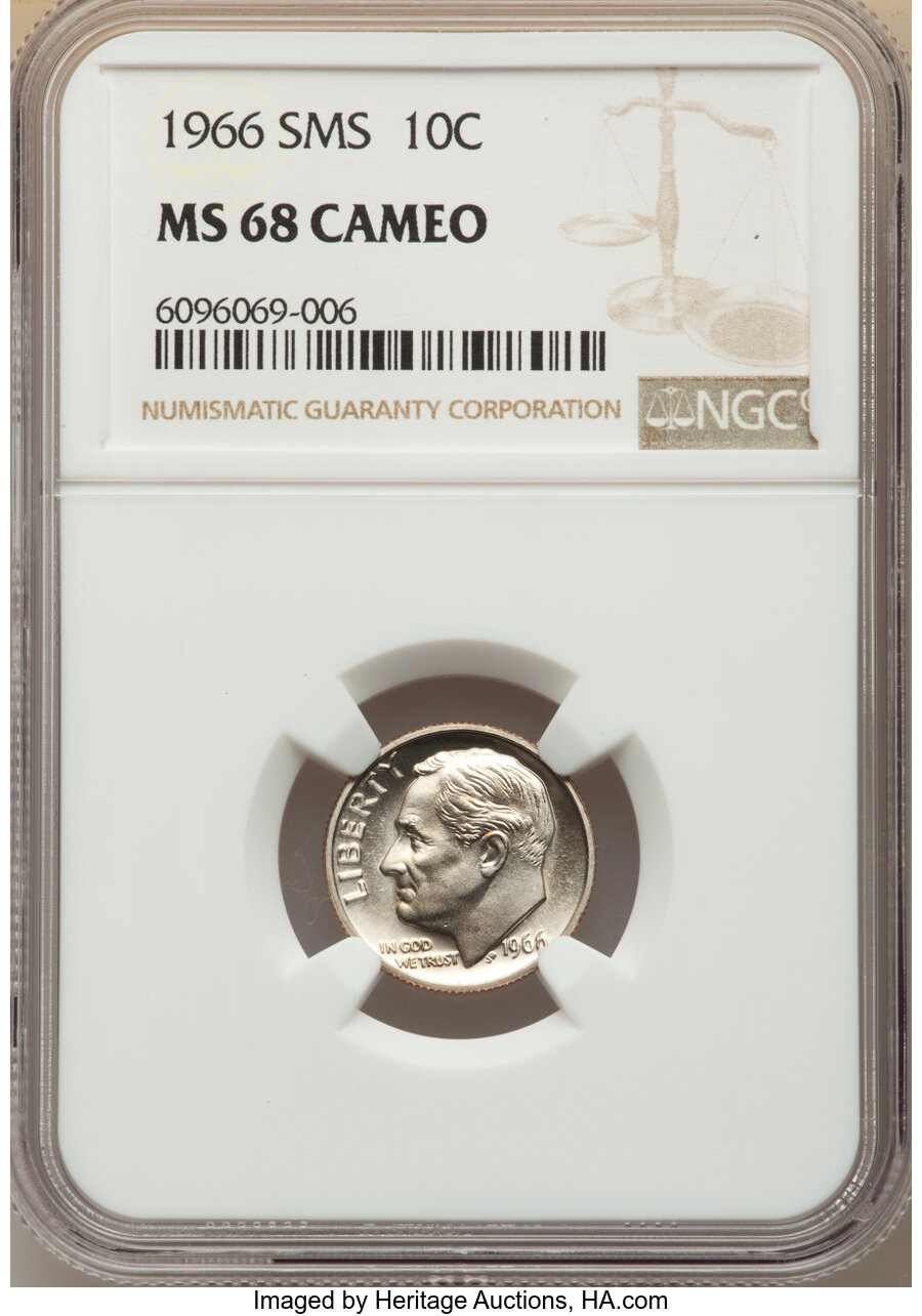 image for: 1966 10C SMS MS68 Cameo NGC. NGC Census: (123/10). PCGS Population: (48/0). CDN: $150 Whsle. Bid for NGC/PCGS MS68. ...
