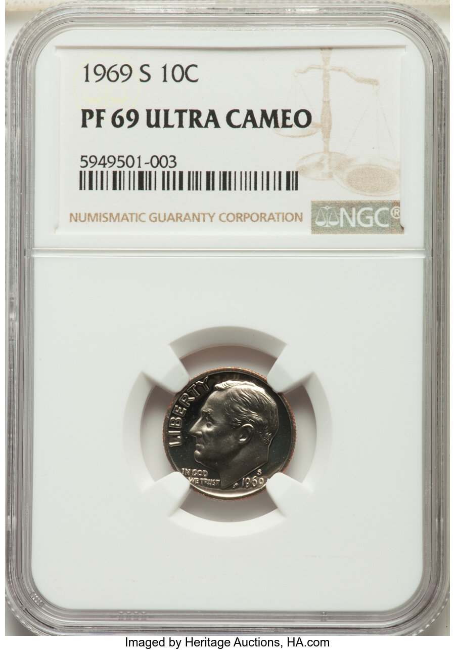 image for: 1969-S 10C PR69 Ultra Cameo NGC. NGC Census: (122/0). PCGS Population: (241/0). PR69. ...