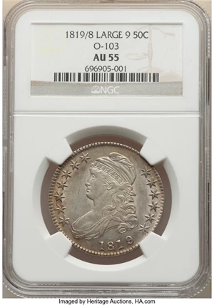 image for: 1819/8 50C Large 9, O-103, R.5, AU55 NGC. NGC Census: (3/0). PCGS Population: (1/2). CDN: $1,560 Whsle. Bid for NGC/PCGS AU...