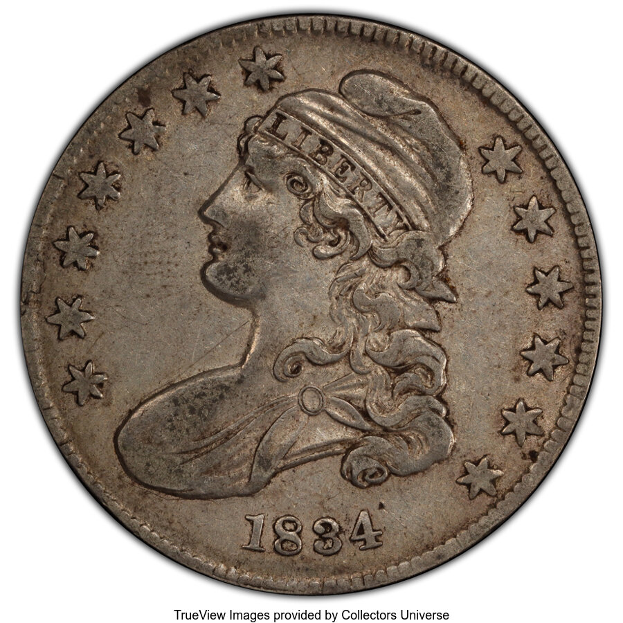 image for: 1834 50C Small Date, Small Letters, O-114, R.1, VF35 PCGS. PCGS Population: (2/25 and 0/0+). NGC Census: (2/53 and 0/0+). C...