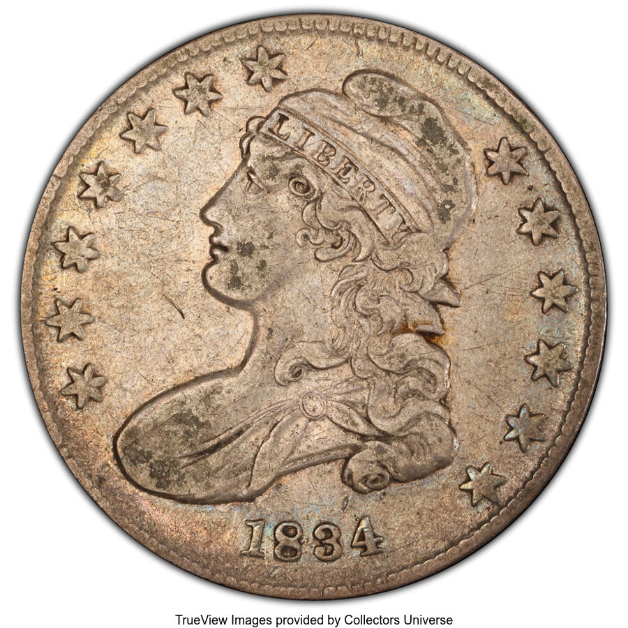 image for: 1834 50C Small Date, Small Letters, O-114, R.1, VF30 PCGS. PCGS Population: (6/27 and 0/0+). NGC Census: (0/55 and 0/0+). C...