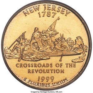 image for: 1999-P 25C New Jersey Quarter -- Struck on an Experimental Planchet -- MS68 PCGS. Manganese alloy planchets for the newfang...